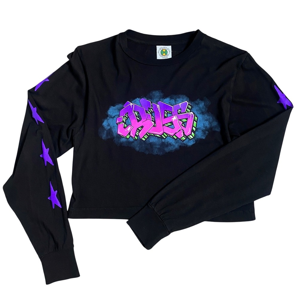 New XS Cross Colours NY Graffiti Black Crop Long Sleeve T-Shirt‎ Neon Cotton